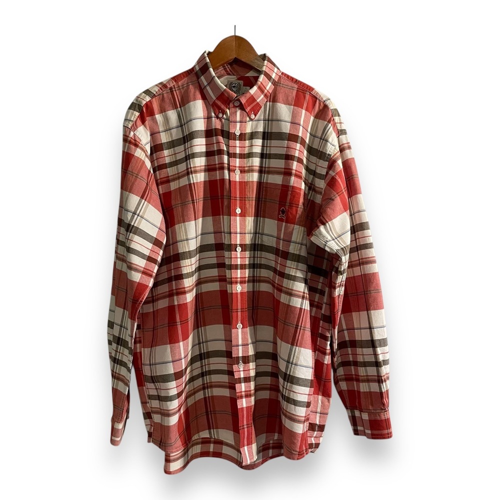 Cinch Button Down‎ Shirt Men's Size XL Red & White Plaid Long Sleeve 100% Cotton